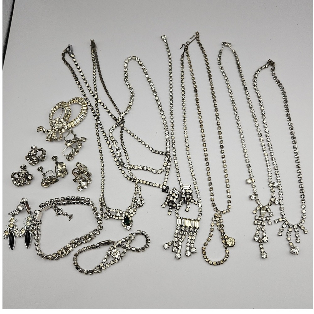 Lot of Vintage Clear Glass Rhinestone Jewelry for Repair or Crafts